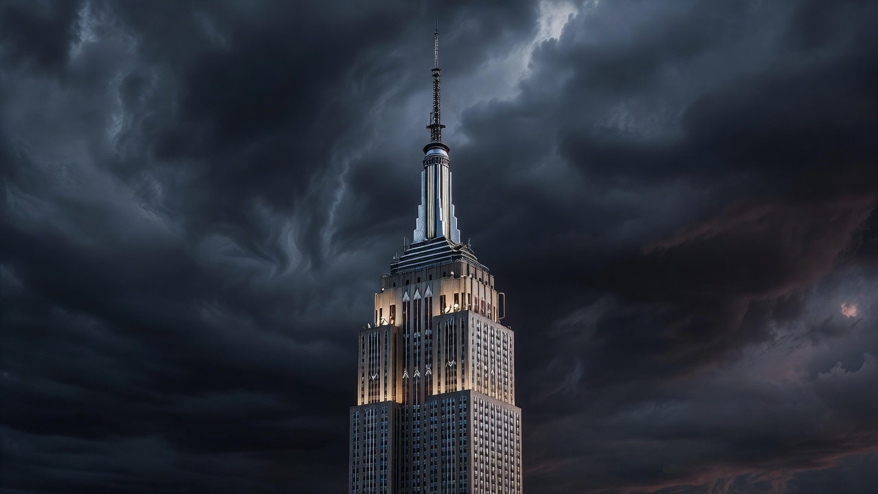 3D render of an art deco spire against a dark moody sky
