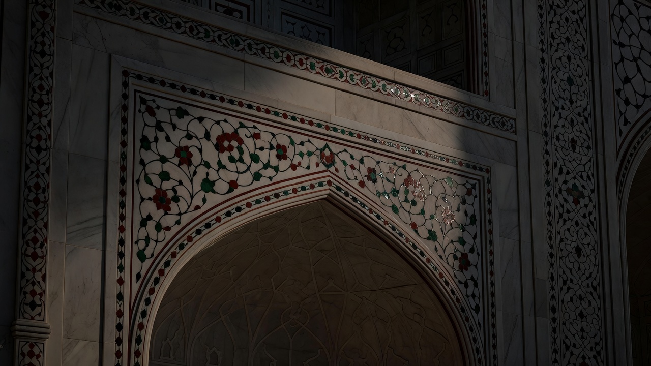 3D close-up render of intricate marble inlay patterns in shadows